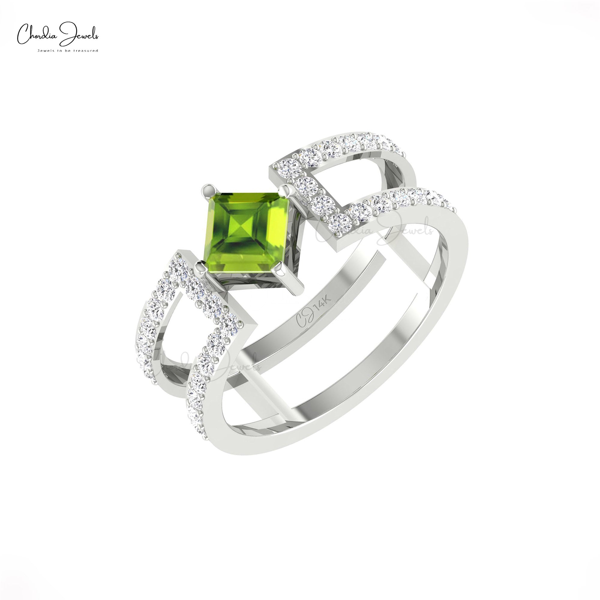 Pure 14k Gold Dual Band With 0.6 Ct Green Peridot And G-H Diamond Split Shank Bridal Ring