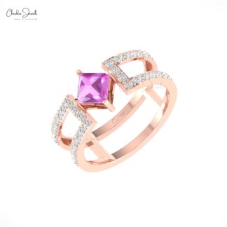 Square Split Shank Ring In Pure 14k Gold Pink Sapphire 0.85 Ct & Diamond Dual Band Rings