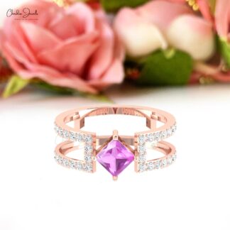 Square Split Shank Ring In Pure 14k Gold Pink Sapphire 0.85 Ct & Diamond Dual Band Rings