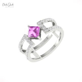 Square Split Shank Ring In Pure 14k Gold Pink Sapphire 0.85 Ct & Diamond Dual Band Rings