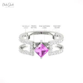 Square Split Shank Ring In Pure 14k Gold Pink Sapphire 0.85 Ct & Diamond Dual Band Rings