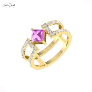 Square Split Shank Ring In Pure 14k Gold Pink Sapphire 0.85 Ct & Diamond Dual Band Rings