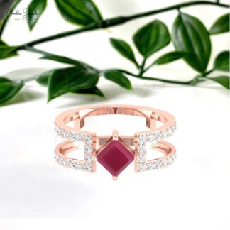 Dual Birthstone Women Band With 5mm Ruby And Diamond Split Shank Ring In 14k Solid Gold