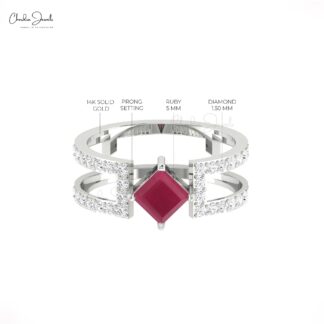 Dual Birthstone Women Band With 5mm Ruby And Diamond Split Shank Ring In 14k Solid Gold