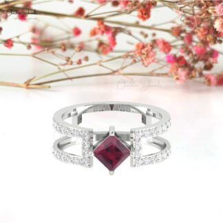 Genuine Rhodolite Garnet Dual Band In 14k Real Gold Gemstone Split Shank Unique Rings