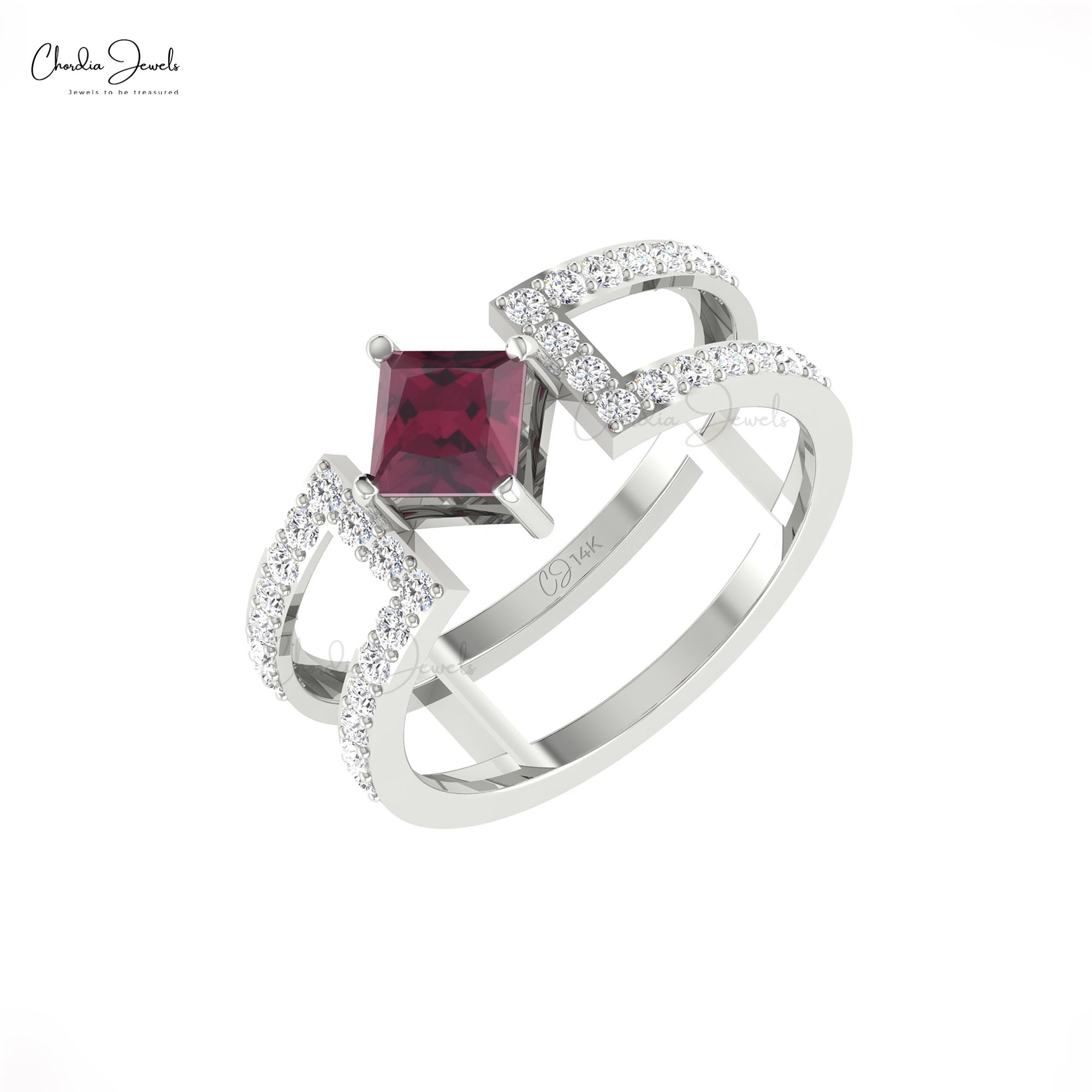 Genuine Rhodolite Garnet Dual Band In 14k Real Gold Gemstone Split Shank Unique Rings