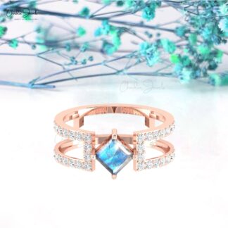 Split Shank Rainbow Moonstone Dual Band With Pave Diamond 14k Real Gold Minimalist Ring