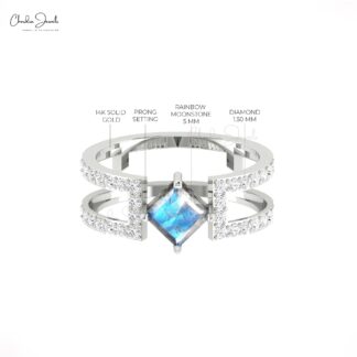 Split Shank Rainbow Moonstone Dual Band With Pave Diamond 14k Real Gold Minimalist Ring