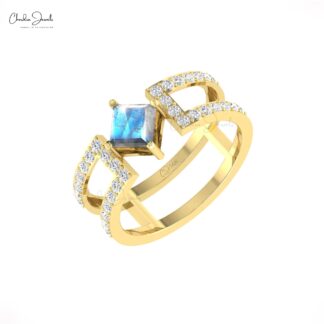 Split Shank Rainbow Moonstone Dual Band With Pave Diamond 14k Real Gold Minimalist Ring
