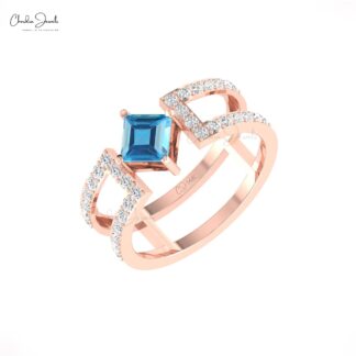 Real 14k Gold Split Shank Ring With 5mm Swiss Blue Topaz Pave Diamond Handmade Rings