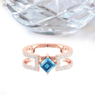 Real 14k Gold Split Shank Ring With 5mm Swiss Blue Topaz Pave Diamond Handmade Rings