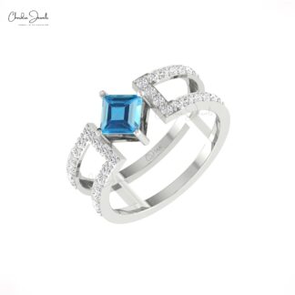 Real 14k Gold Split Shank Ring With 5mm Swiss Blue Topaz Pave Diamond Handmade Rings