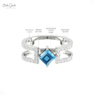 Real 14k Gold Split Shank Ring With 5mm Swiss Blue Topaz Pave Diamond Handmade Rings