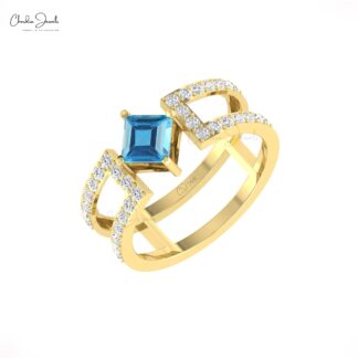 Real 14k Gold Split Shank Ring With 5mm Swiss Blue Topaz Pave Diamond Handmade Rings