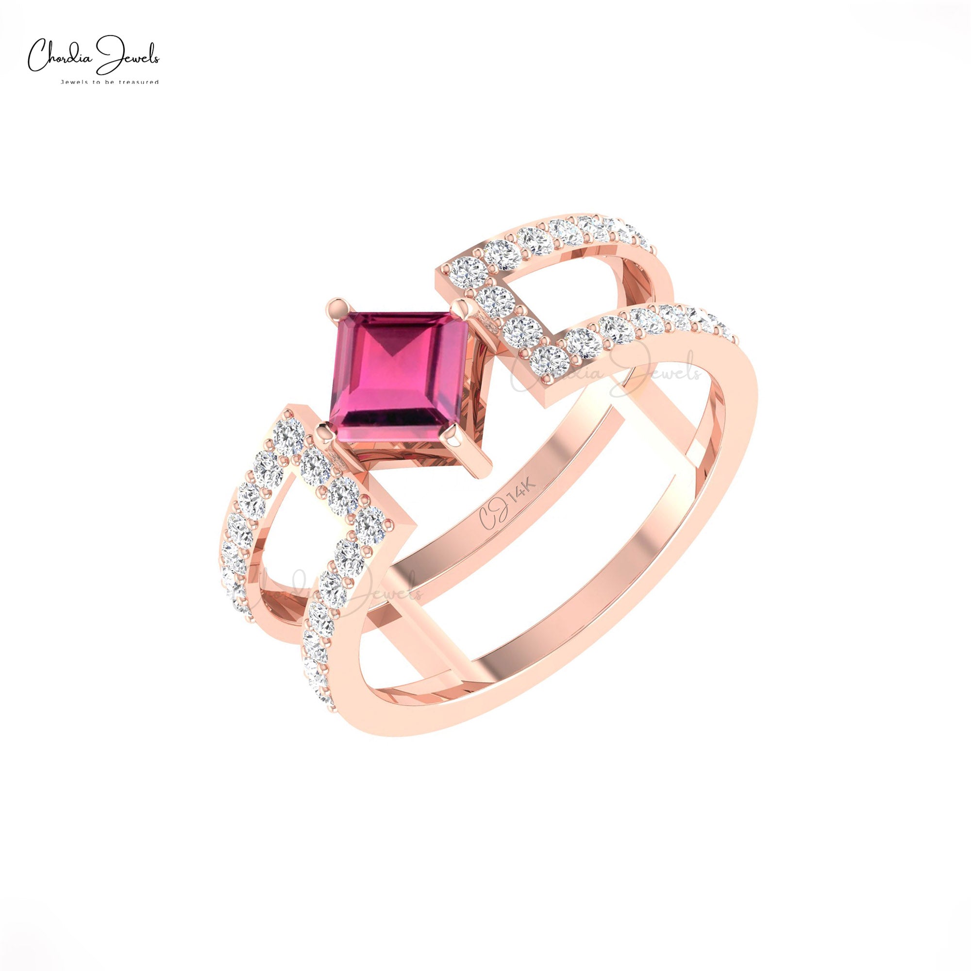 Double Split Shank Diamond Ring In 14k Real Gold Pink Tourmaline Stacking Band Rings