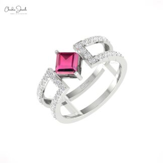 Double Split Shank Diamond Ring In 14k Real Gold Pink Tourmaline Stacking Band Rings