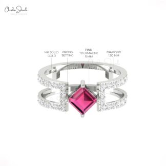 Double Split Shank Diamond Ring In 14k Real Gold Pink Tourmaline Stacking Band Rings
