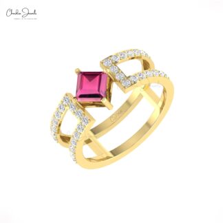 Double Split Shank Diamond Ring In 14k Real Gold Pink Tourmaline Stacking Band Rings