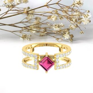 Double Split Shank Diamond Ring In 14k Real Gold Pink Tourmaline Stacking Band Rings