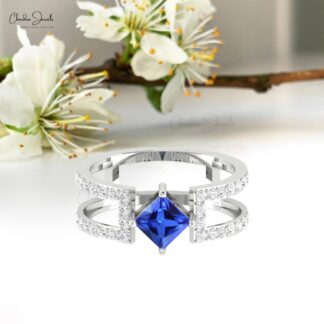 Stackable Dual Band With 5mm Tanzanite G-H Diamond Parallel Split Shank Ring In 14k Gold