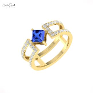 Stackable Dual Band With 5mm Tanzanite G-H Diamond Parallel Split Shank Ring In 14k Gold