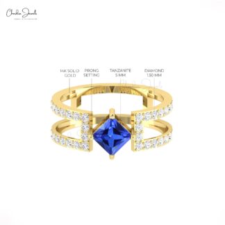 Stackable Dual Band With 5mm Tanzanite G-H Diamond Parallel Split Shank Ring In 14k Gold