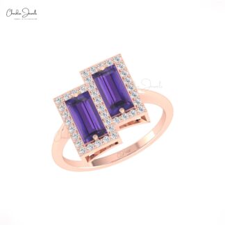 Dual Birthstone Halo Ring With 1.8 Ct Baguette Amethyst And Diamond Real 14k Gold Rings