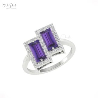 Dual Birthstone Halo Ring With 1.8 Ct Baguette Amethyst And Diamond Real 14k Gold Rings