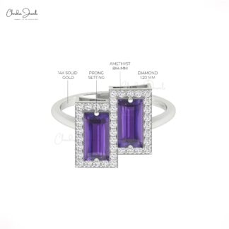 Dual Birthstone Halo Ring With 1.8 Ct Baguette Amethyst And Diamond Real 14k Gold Rings