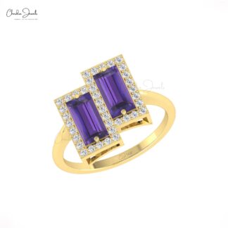Dual Birthstone Halo Ring With 1.8 Ct Baguette Amethyst And Diamond Real 14k Gold Rings