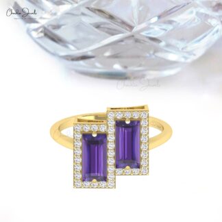 Dual Birthstone Halo Ring With 1.8 Ct Baguette Amethyst And Diamond Real 14k Gold Rings