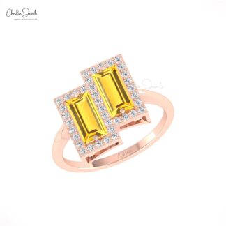 Real 14k Gold Dual Halo Ring With 1.8 Ct Baguette Citrine And Diamond Hallmark Bridal Rings