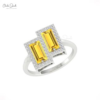 Real 14k Gold Dual Halo Ring With 1.8 Ct Baguette Citrine And Diamond Hallmark Bridal Rings