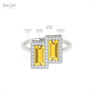 Real 14k Gold Dual Halo Ring With 1.8 Ct Baguette Citrine And Diamond Hallmark Bridal Rings