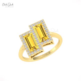 Real 14k Gold Dual Halo Ring With 1.8 Ct Baguette Citrine And Diamond Hallmark Bridal Rings