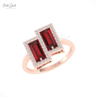 Solid 14k Gold Baguette Halo Ring With 8x4mm Red Garnet And Pave Diamond Rings For Her