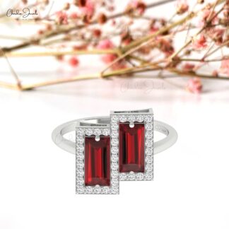 Solid 14k Gold Baguette Halo Ring With 8x4mm Red Garnet And Pave Diamond Rings For Her