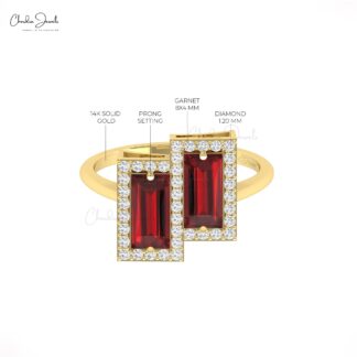 Solid 14k Gold Baguette Halo Ring With 8x4mm Red Garnet And Pave Diamond Rings For Her