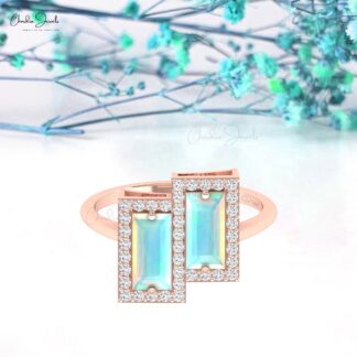 Baguette Statement Ring With Fire Opal And G-H Diamond Halo Rings In 14k Solid Gold