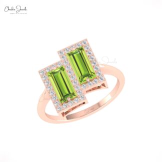 Two Halo Wedding Ring In Pure 14k Gold Peridot 8x4mm Baguette Dainty Diamond Rings