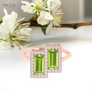 Two Halo Wedding Ring In Pure 14k Gold Peridot 8x4mm Baguette Dainty Diamond Rings