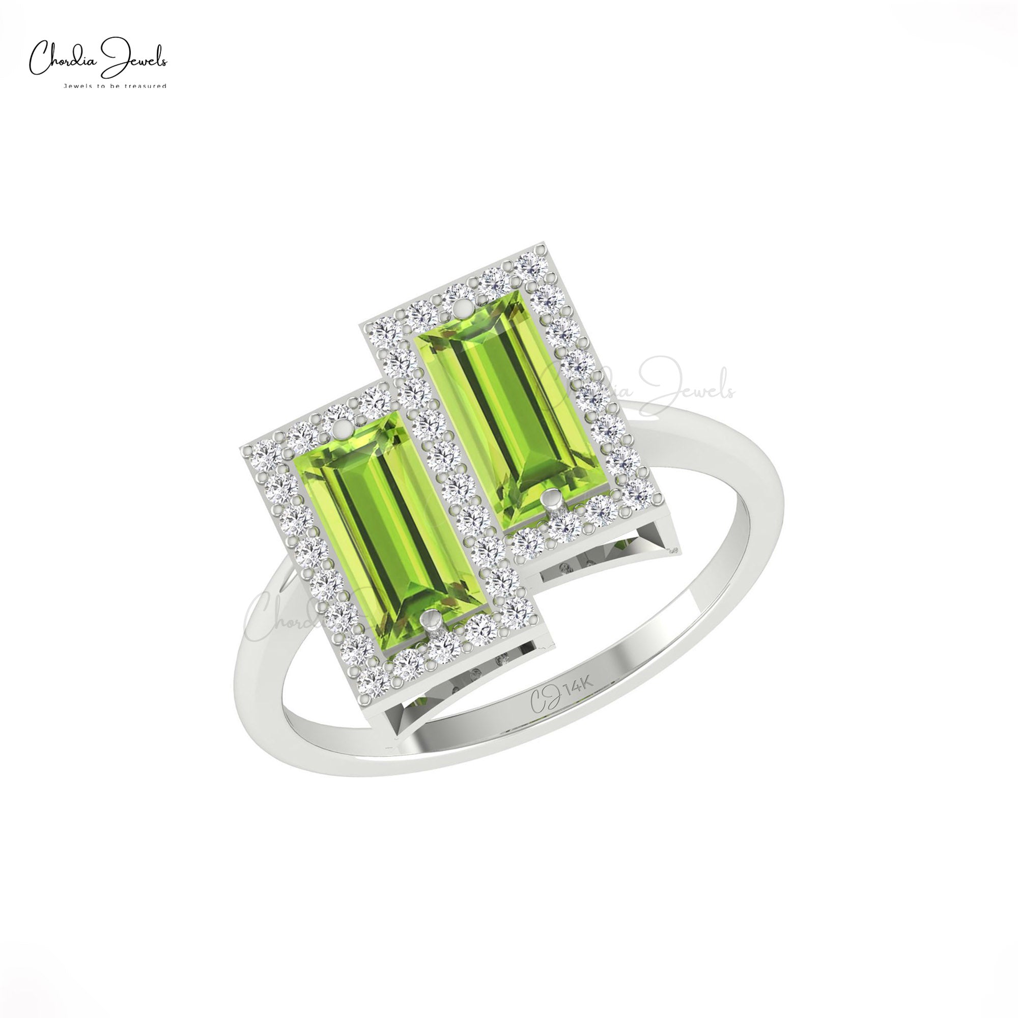 Two Halo Wedding Ring In Pure 14k Gold Peridot 8x4mm Baguette Dainty Diamond Rings
