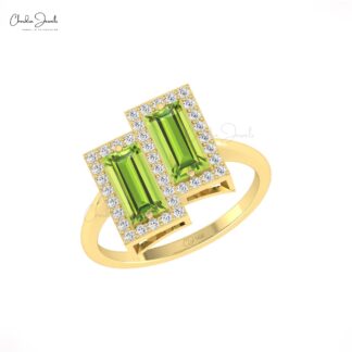 Two Halo Wedding Ring In Pure 14k Gold Peridot 8x4mm Baguette Dainty Diamond Rings