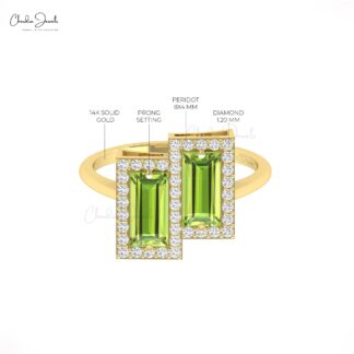 Two Halo Wedding Ring In Pure 14k Gold Peridot 8x4mm Baguette Dainty Diamond Rings