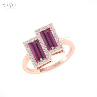 Baguette Cut Halo Ring In 14k Real Gold Rhodolite Garnet & G-H Diamond Statement Rings