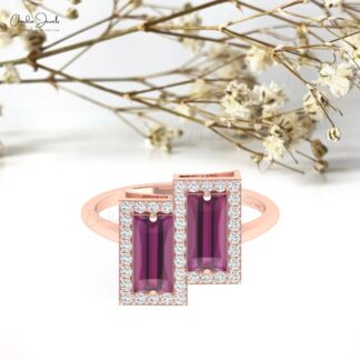 Baguette Cut Halo Ring In 14k Real Gold Rhodolite Garnet & G-H Diamond Statement Rings