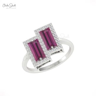 Baguette Cut Halo Ring In 14k Real Gold Rhodolite Garnet & G-H Diamond Statement Rings