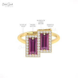 Baguette Cut Halo Ring In 14k Real Gold Rhodolite Garnet & G-H Diamond Statement Rings