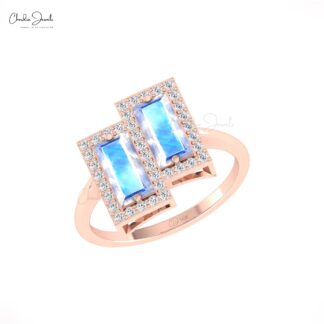 Gemstone Halo Ring In 14k Solid Gold Rainbow Moonstone 8x4mm And Diamond Wedding Ring