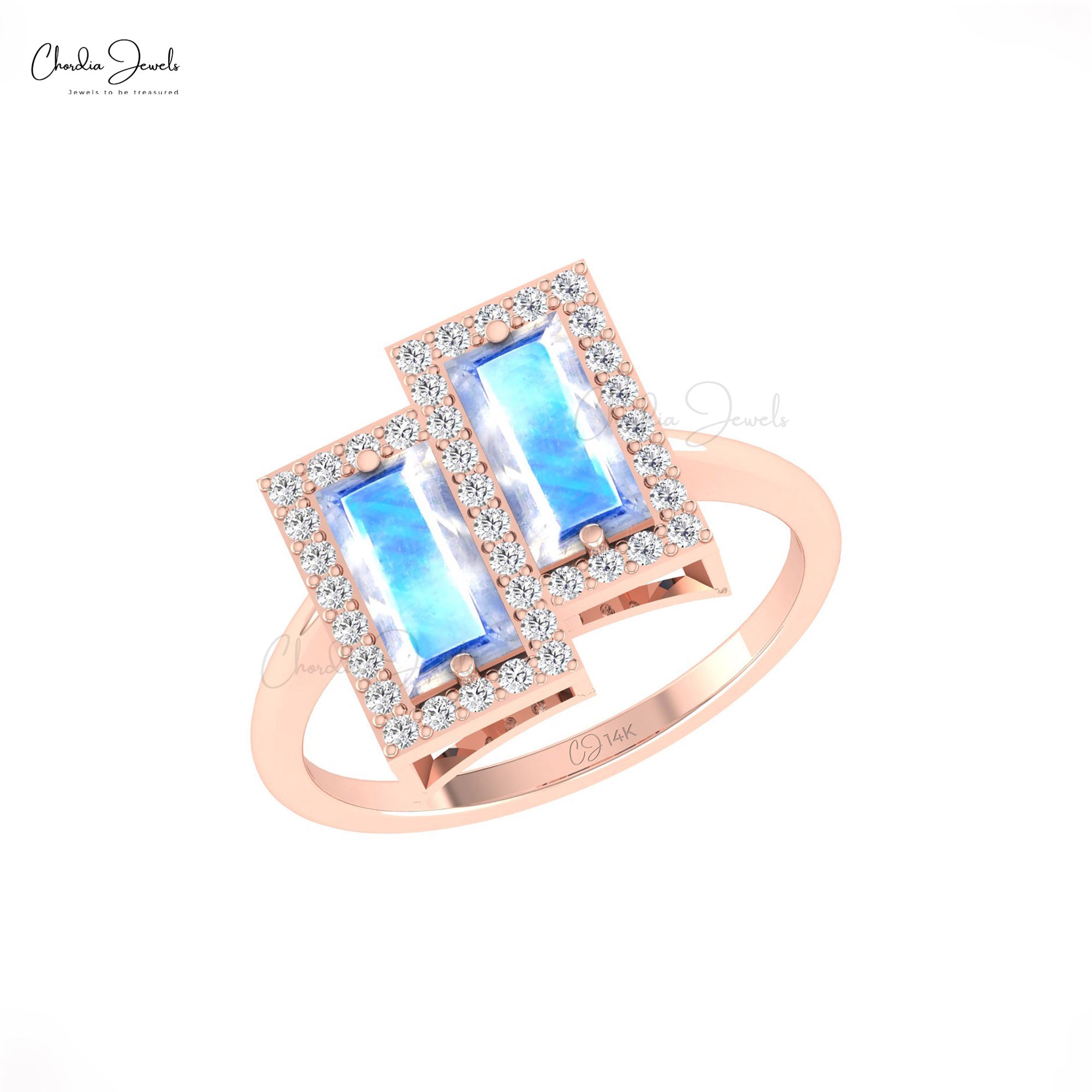 Gemstone Halo Ring In 14k Solid Gold Rainbow Moonstone 8x4mm And Diamond Wedding Ring